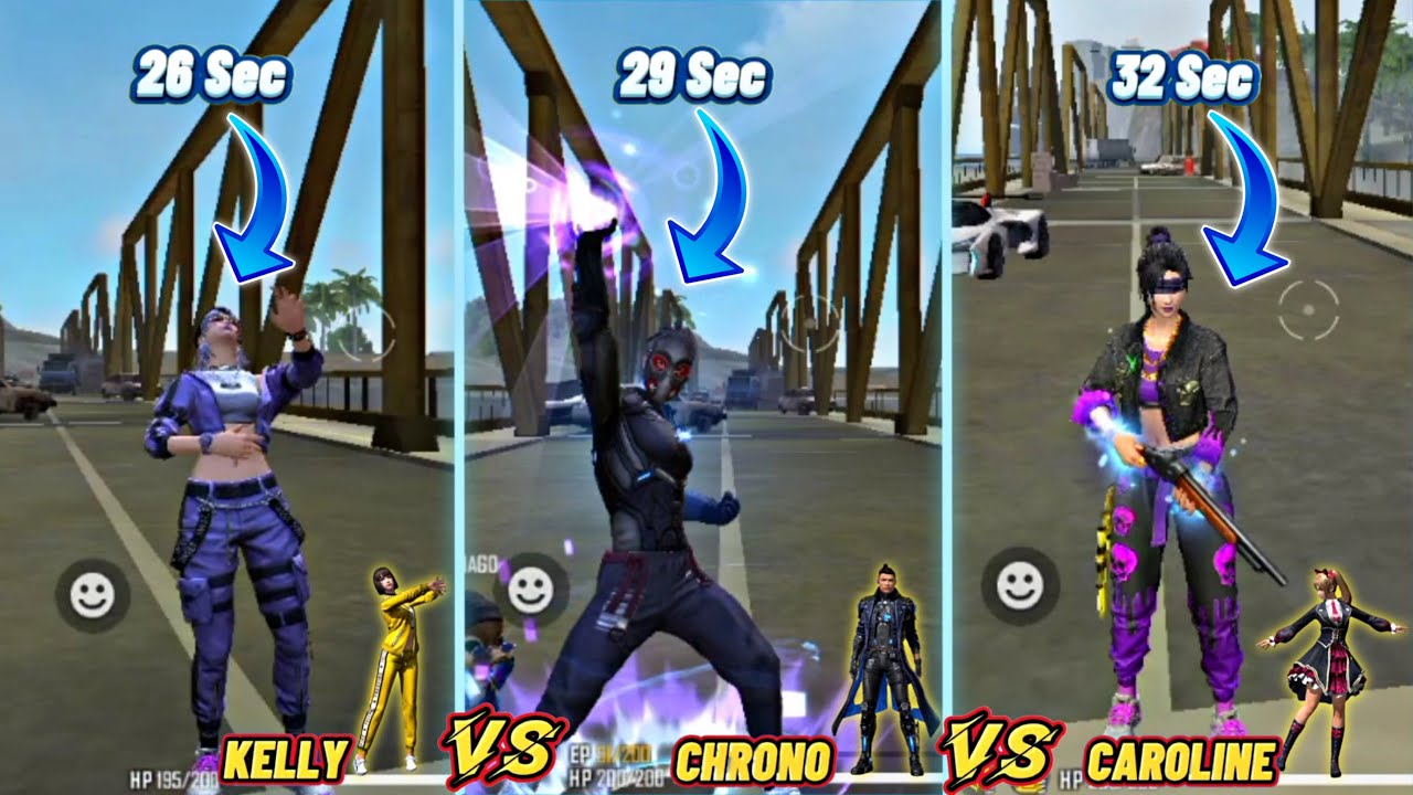 KELLY VS CHRONO VS CAROLINE SPEED TEST FREE FIRE