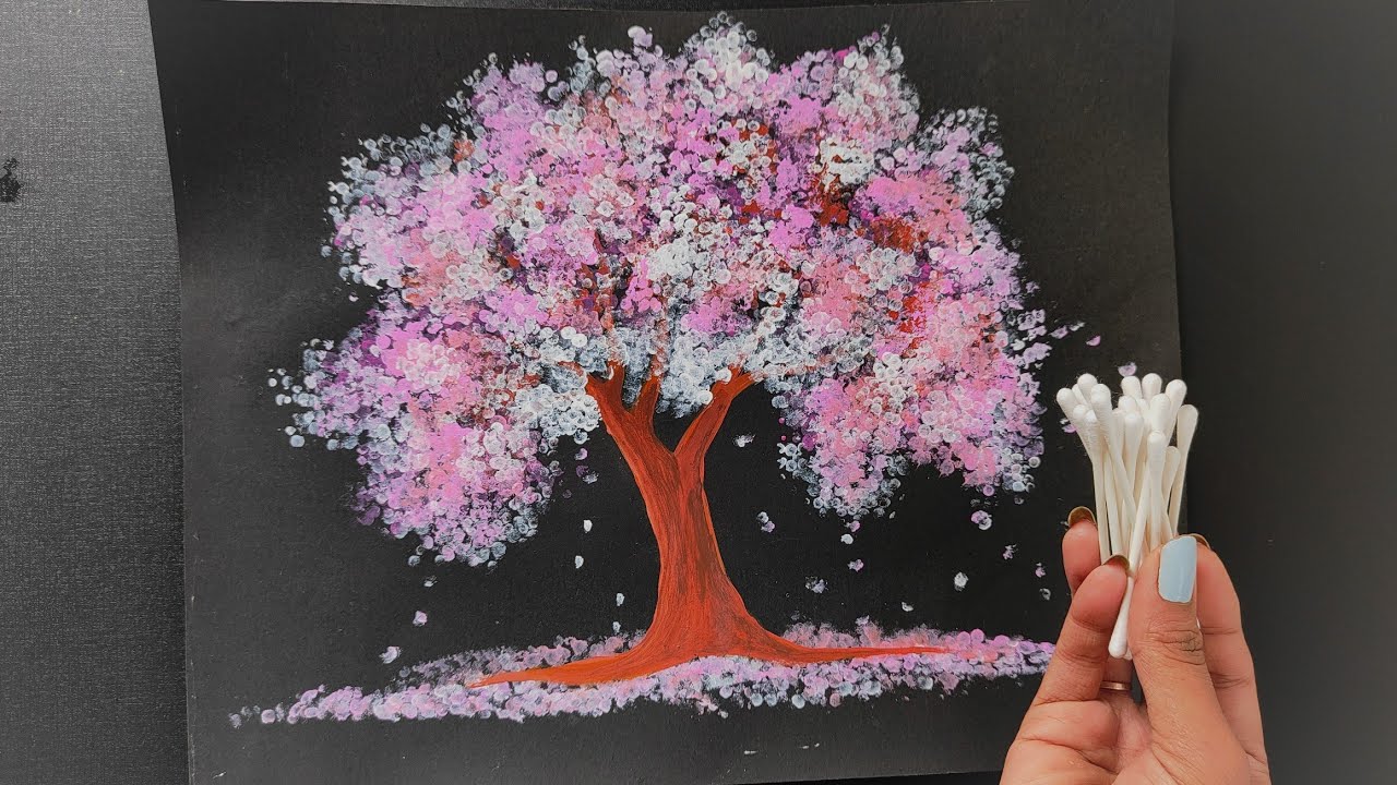 Easy tree painting using earbuds | Cherry blossoms | Pink cherry Blossoms Tree Painting