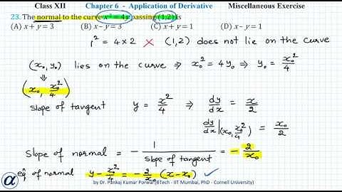Q23 Misc Ex Ch06 App. of Derivative XII Maths The normal to the curve x 2  = 4y passing (1,2) is