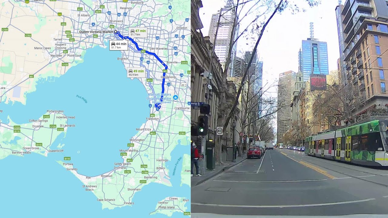 4K Dash cam Australia Victoria Melbourne. Driving from Queen Victoria market to Carrum Downs