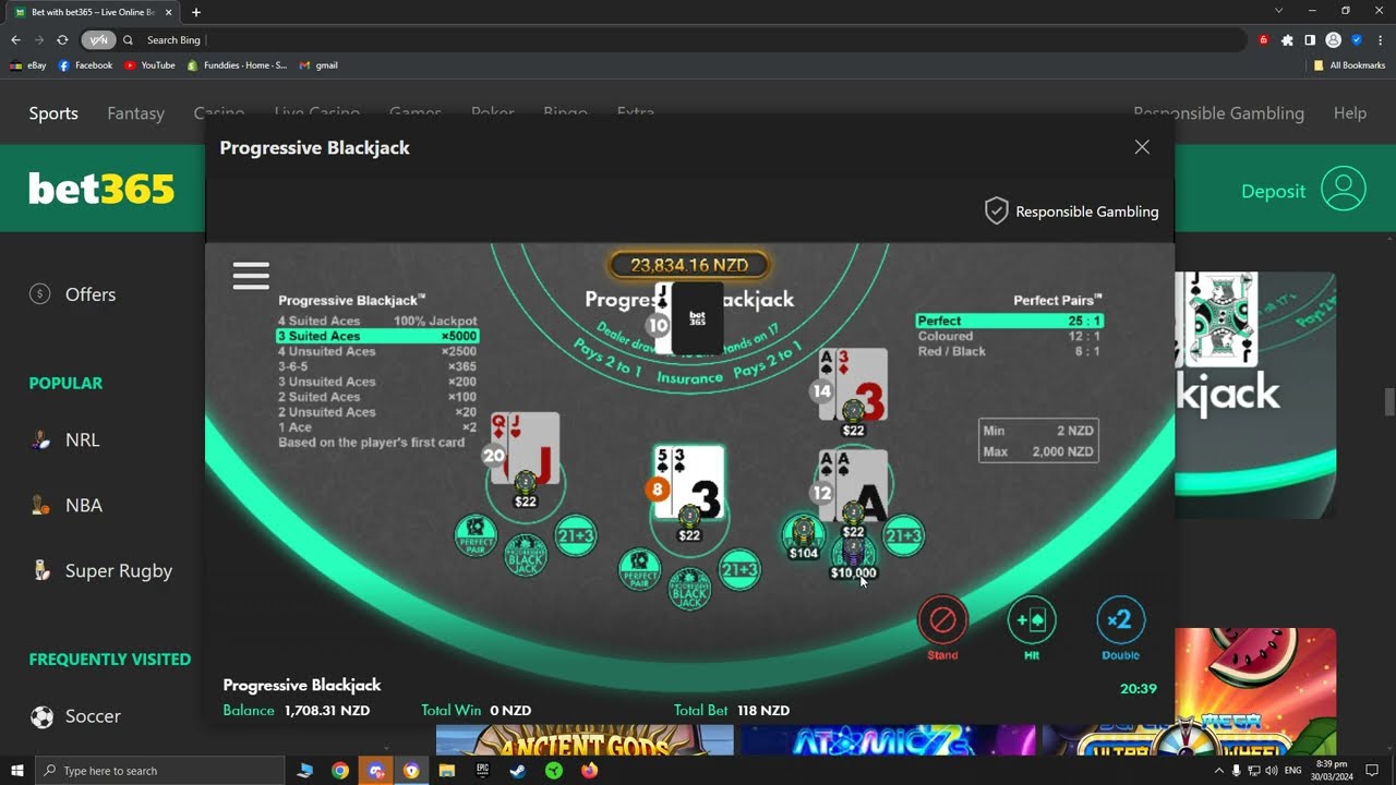 $2 to $10,000 on progressive Blackjack Bet365