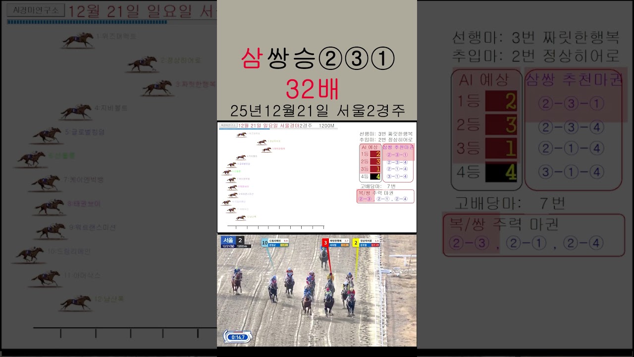 삼쌍승식 32배 적중 12월 21일 서울 2경주 #ai경마연구소#삼쌍