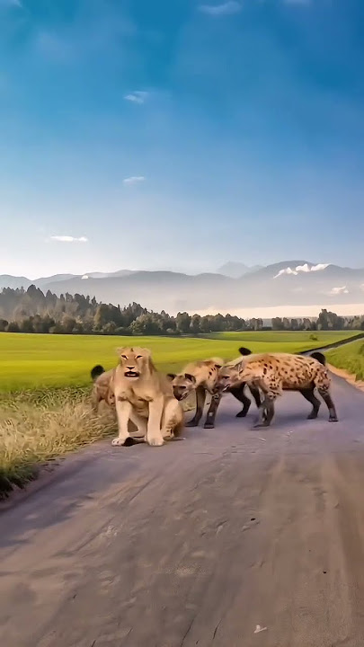 Hyenas surround a lone lion. Fantastic animals are here. Highlights of the animal world. Animal