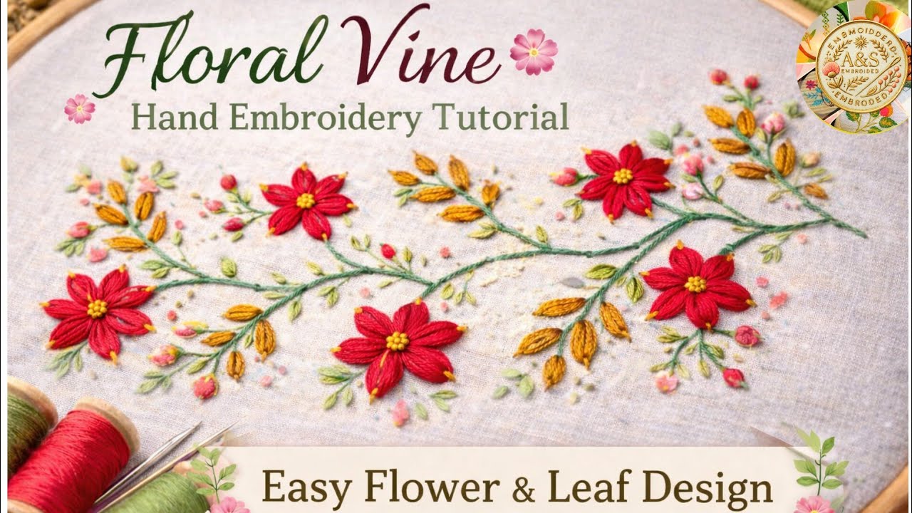 Урок по вышивке цветочной лозы вручную | Простой дизайн с цветами и листьями | Вышивка природы иг...