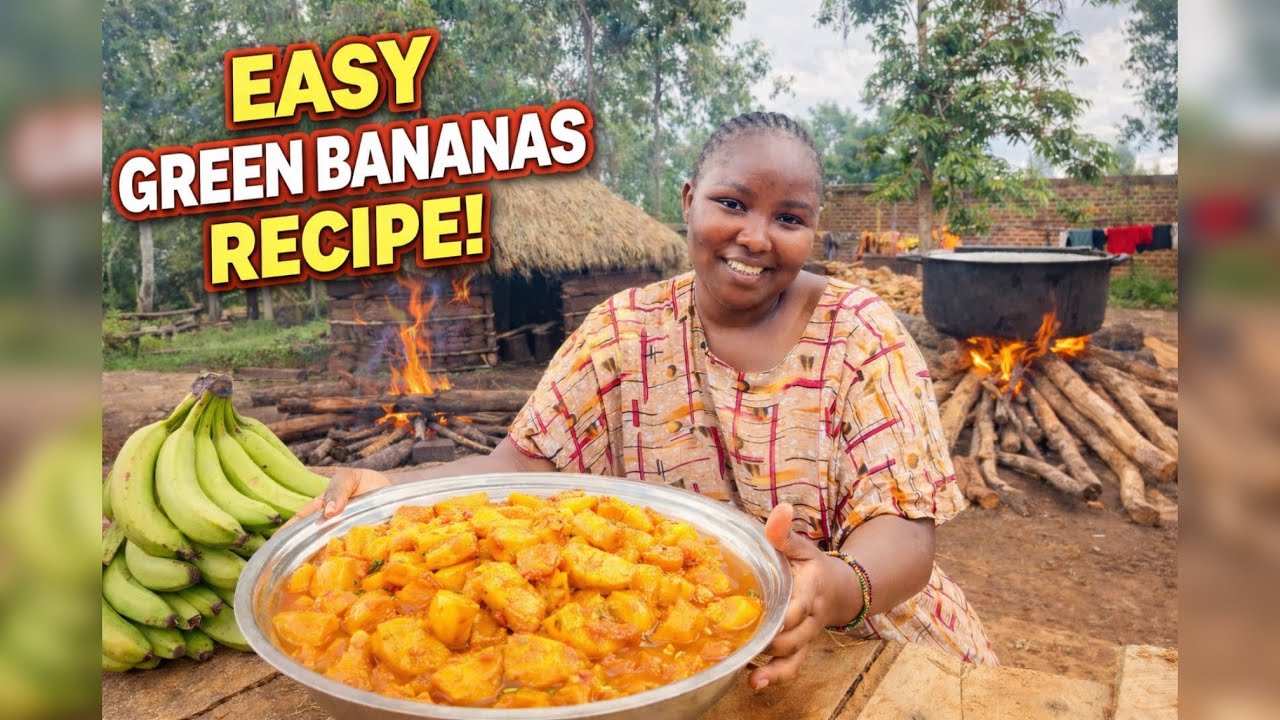 RAINY DAY ,,AFRICAN VILLAGE GIRL COOKS ORGANIC FOOD(matoke,green bananas) FOR HER FAMILY 