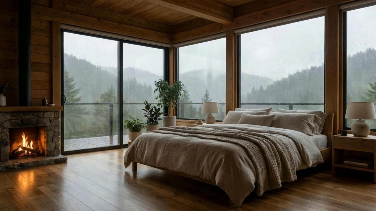 Rain Outside the Bedroom Window & Cozy Fireplace Ambience