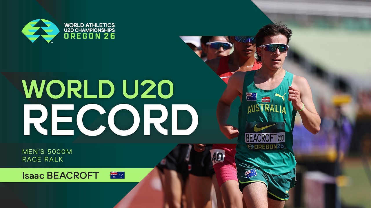 World U20 record for Isaac Beacroft in the 5000m race walk | World U20 Championships Oregon 26