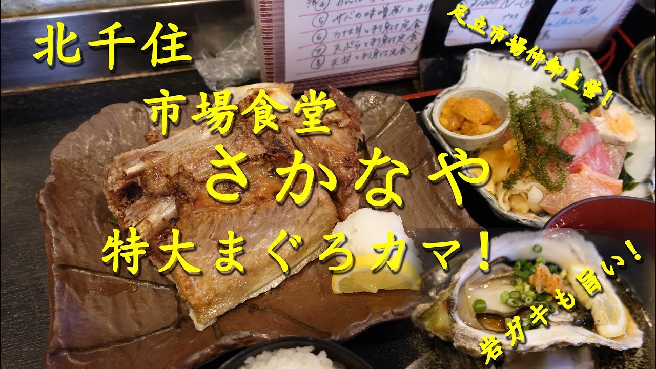 北千住【市場食堂さかなや】の巨大まぐろカマとお刺身 Grilled Tuna and sashimi set meal of SAKANAYA in Kitasenju.【飯動画】