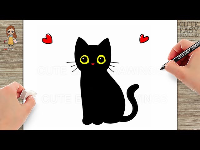 Cartoon black cat drawing. Simple and cute kitten silhouette