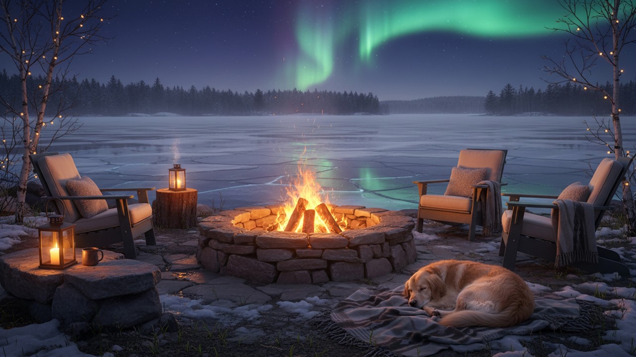 Aurora Campfire by the Frozen Lake Dethaw 🔥 Northern Lights Night Ambience