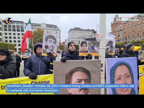 Stockholm—October 28, 2023: MEK supporters held a rally in solidarity with the Iranian Revolution.