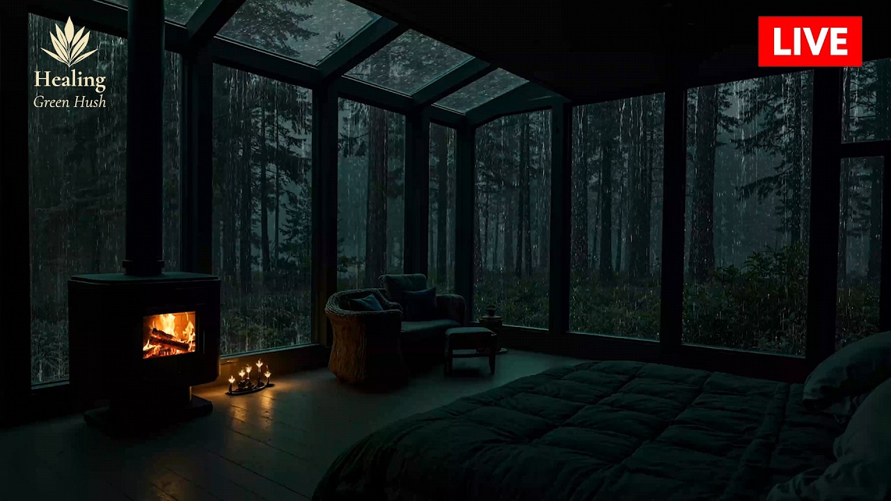Heavy Rain Sounds for Sleep with Fireplace in a Quiet Forest Cabin ...