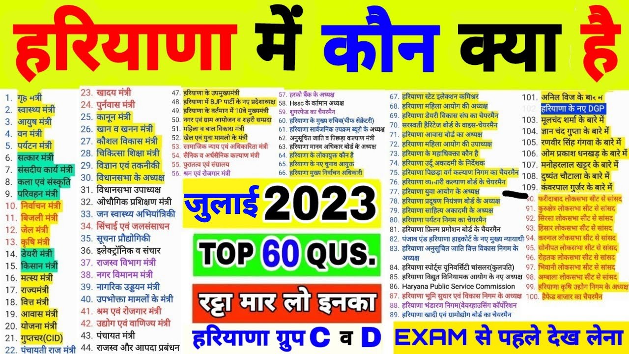 हरियाणा में कौन क्या है जुलाई 2023 || updated data || Haryana Group C & D 2023