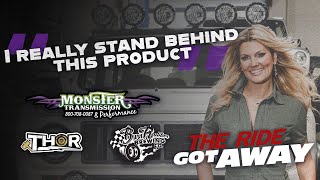 Courtney Hansen with Ride That Got Away stands behind Monster Transmission Profile