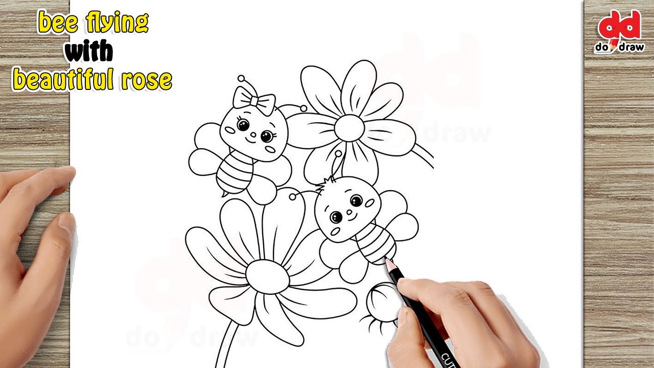 Drawing of a bee flying with a beautiful rose and a cute 