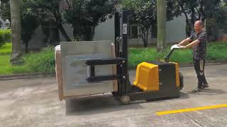 Sinolift powered counter-balanced stacker with box clamp adjustable.