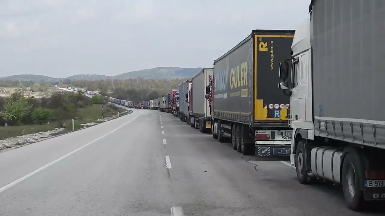 Lineup of trucks to enter Bulgaria YouTube