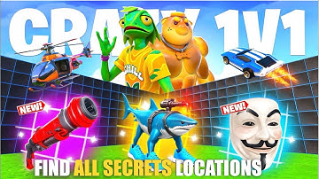 CRAZY 1V1 FFA ALL GUNS & RIDES MAP FORTNITE CREATIVE - ALL SECRETS LOCATIONS (SECRET CODE) PART 7