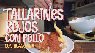 Tallarín rojo con pollo bañado con su huancaína. TU FAVORITO del Menú