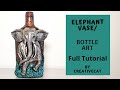 Elephant Bottle art/Decorative Vase/Elephant Clay Mural/Wine bottle art/art and craft