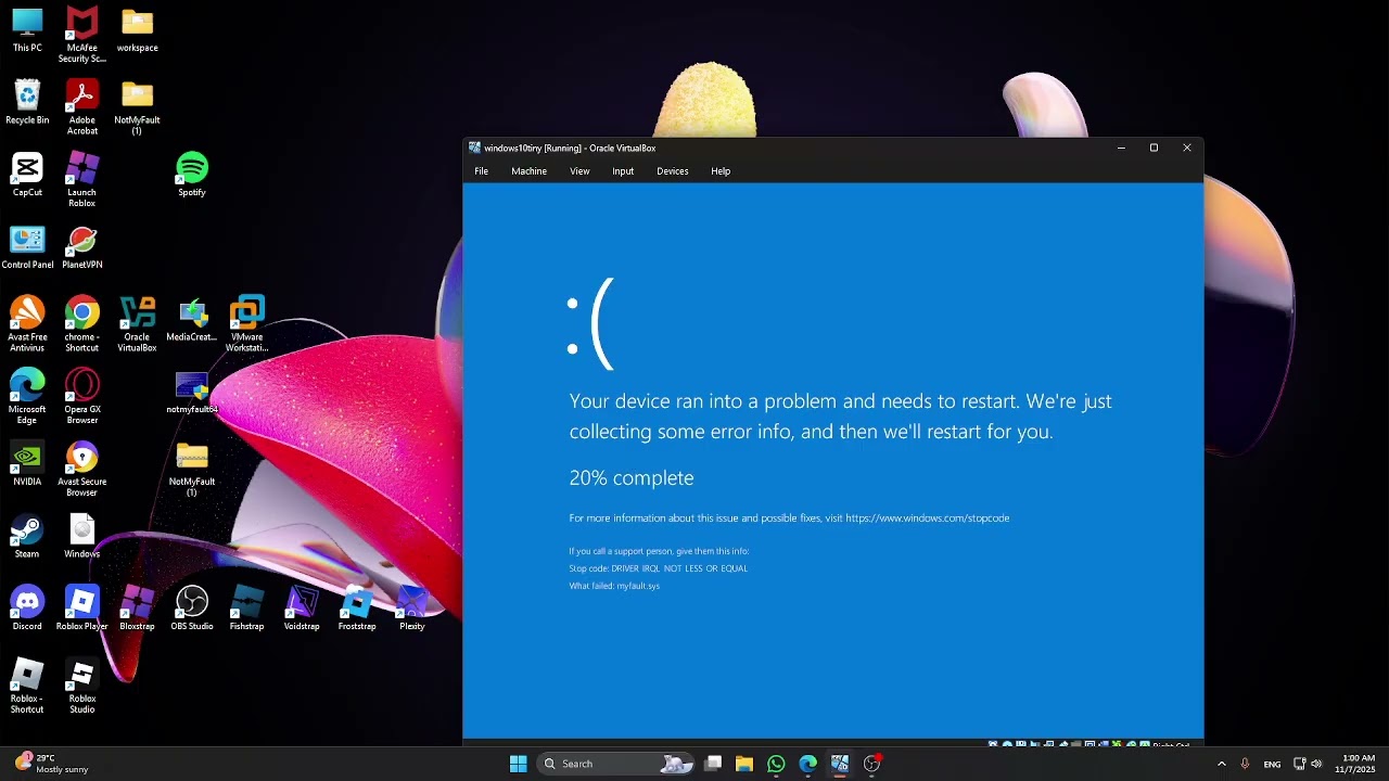 testing notmyfault on viurtalbox windows 10 bsod crash