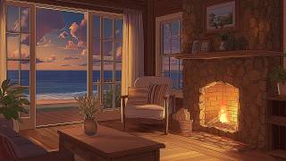 Coastal Sunset Cabin 🌊 Cozy Jazz & Warm Fireplace Ambience by the Ocean for Rest & Relaxation