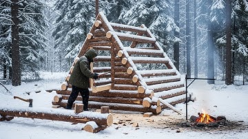 Building a Log Cabin Alone in the Snowy Forest  Winter Bushcraft Survival Shelter