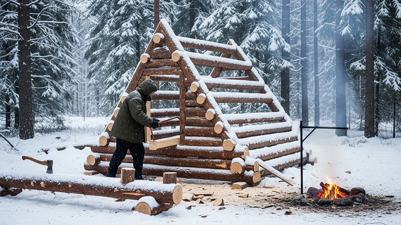 Building a Log Cabin Alone in the Snowy Forest Winter Bushcraft ...