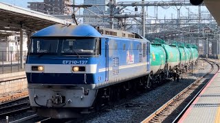 【ジョイント音最高!】JR貨物EF210形100番台127号機(新塗装)+タキ20B(両)が大宮駅10番線を通過するシーン(4091レ・岡A28・石油輸送)2024.3.13