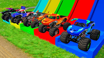 Double Flatbed Trailer Monster Trucks Transport with Slide Color - Cars vs Speed bump - BeamNG #10