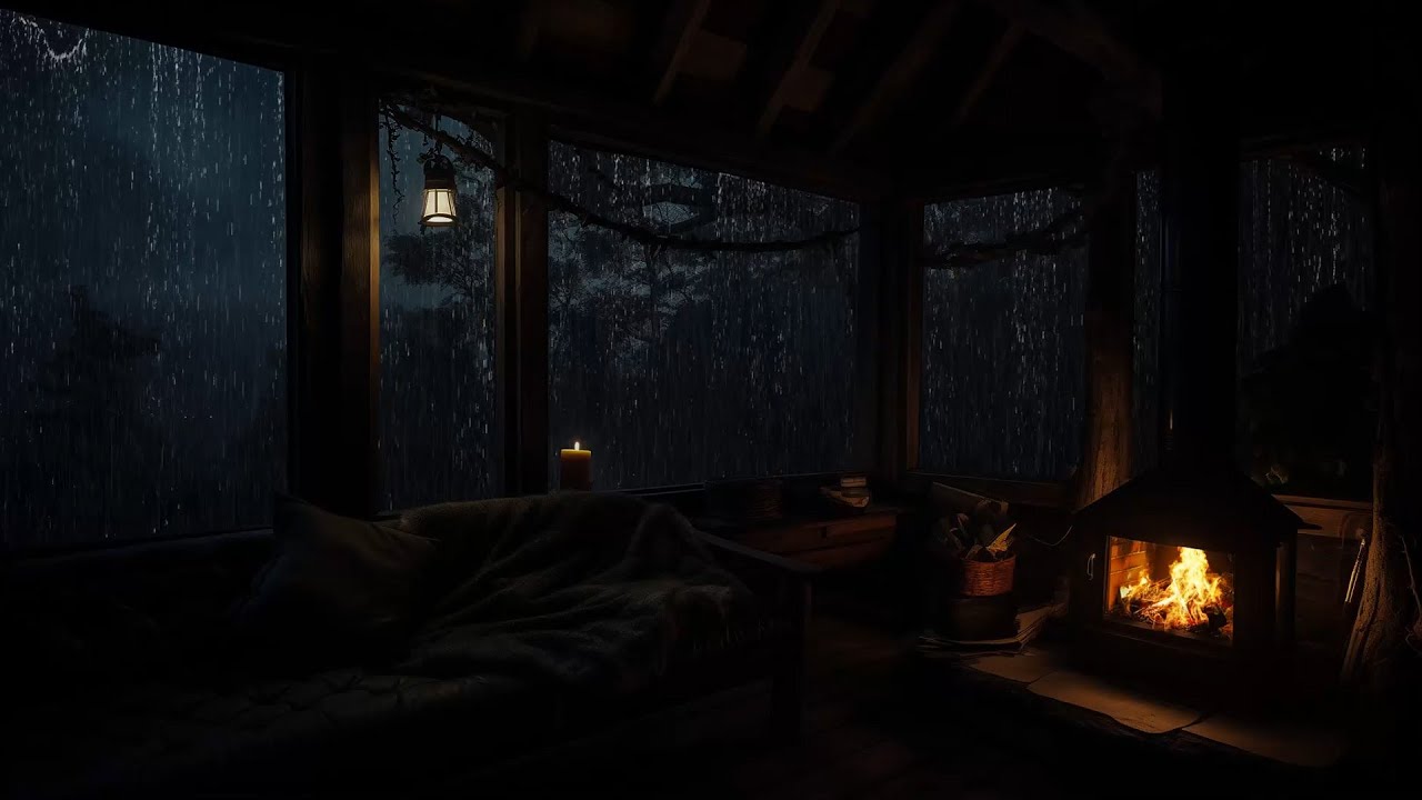 Rain Sounds and Fireplace Crackle in Peaceful Cabin Night for Deep ...