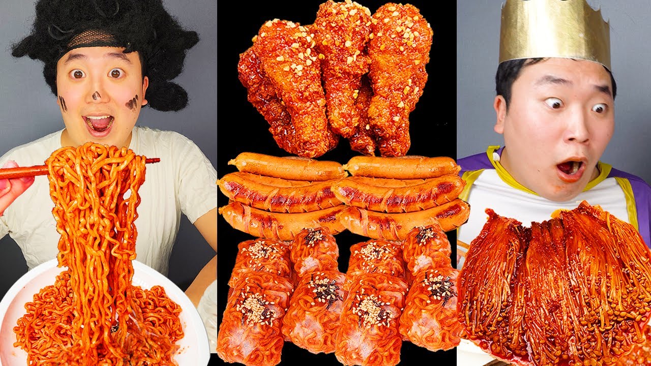 ASMR MUKBANG| огненно-острые грибы, обертка из огненной лапши, курица, колбаса. забавная еда!