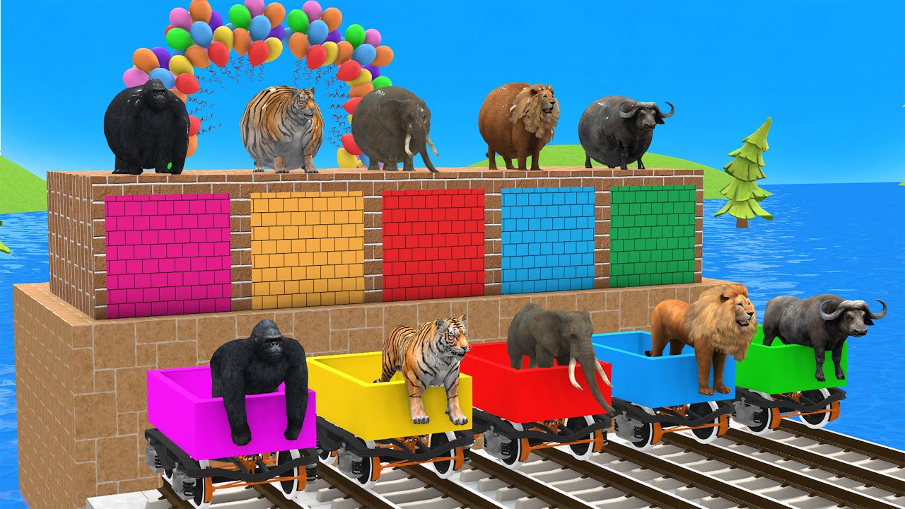 Cow Elephant Gorilla on Crazy Long Slide 🛝 | 3D Animal Game