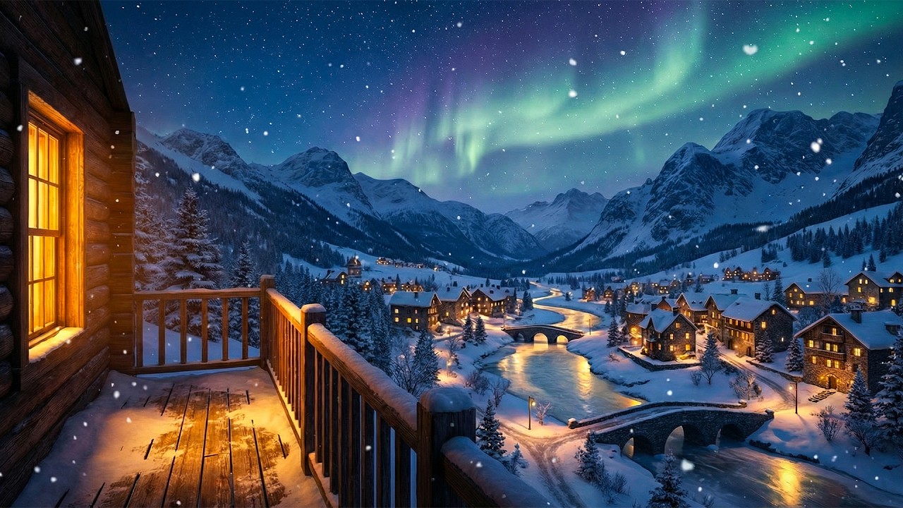 Cozy Snowy Village at Night ❄️ Aurora Borealis & Falling Snow – 9 Hours Sleep Ambience