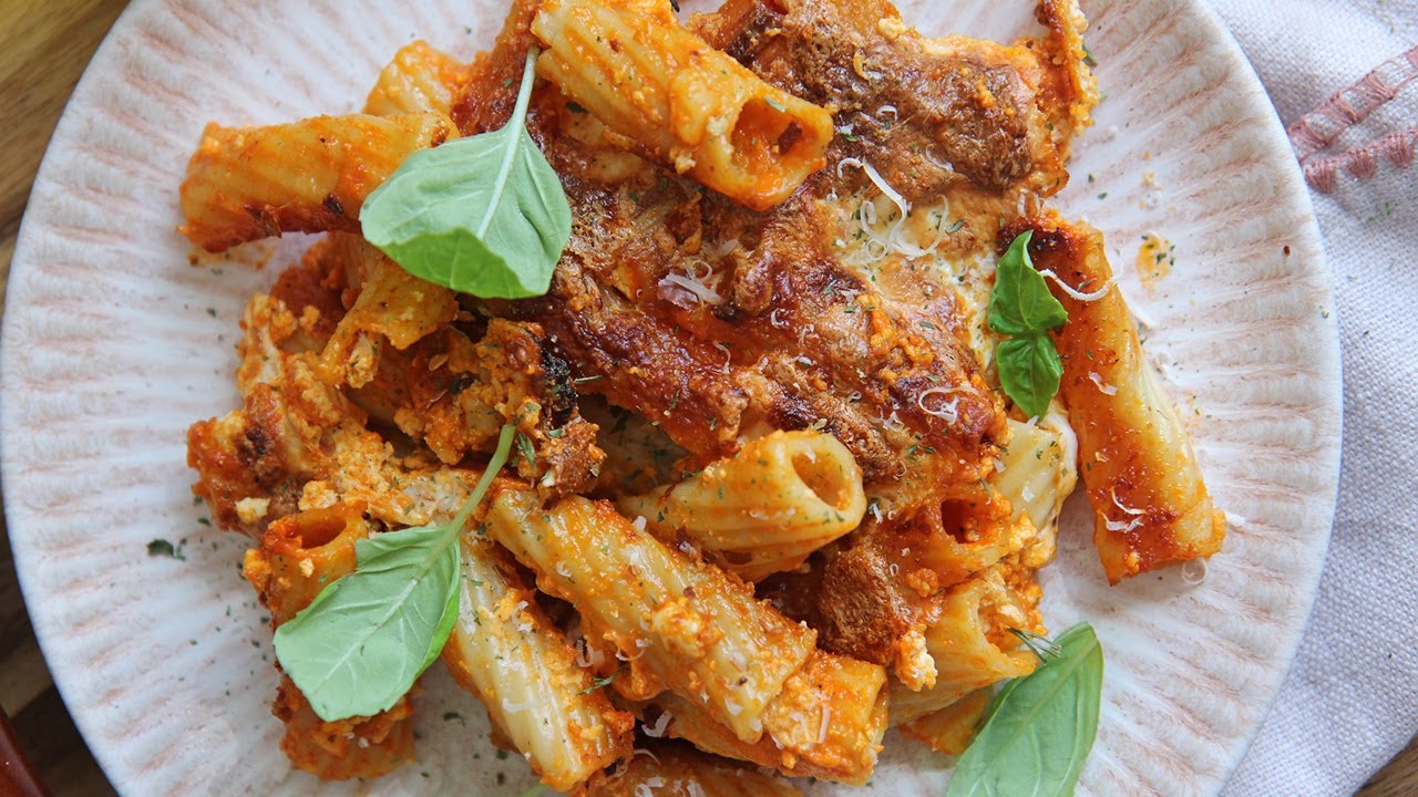 Baked Rigatoni with Blush Roasted Pepper Sauce Recipe Laura Vitale