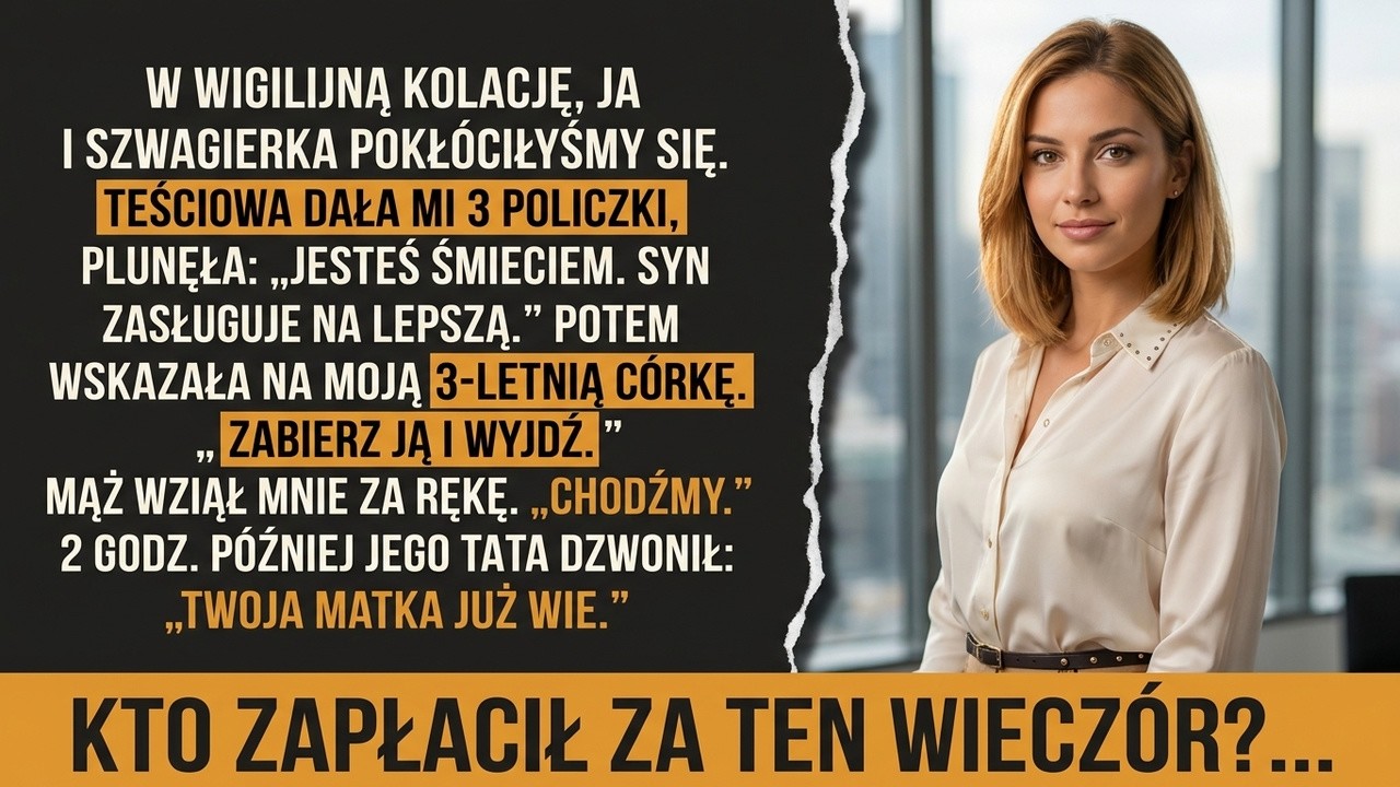 Halina spoliczkowała mnie po raz trzeci. Kawałek opłatka został na moim swetrze, a przewrócone krzesło trzyletniej Leny leżało obok choinki. Miałam czterdzieści dwa lata i właśnie odmówiłam...