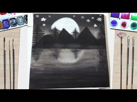 رسم منظر طبيعي مكون من اللون الابيض والاسود فقط الوان الاكريليك خطوة بخطوة للمبتدئين