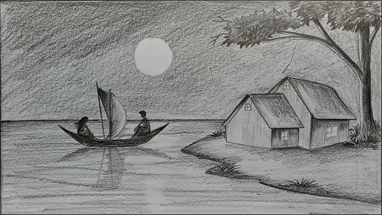 How to draw moonlit night with pencil step by step YouTube