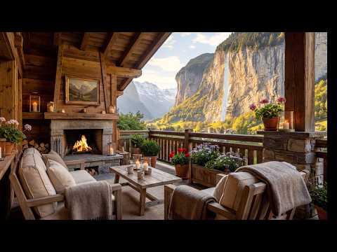 Cozy Swiss Alps Cabin Ambience 🌄 | Lauterbrunnen Valley Waterfall, Fireplace & Piano Jazz (4K)