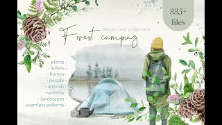 Watercolor Forest Camping Clipart Set