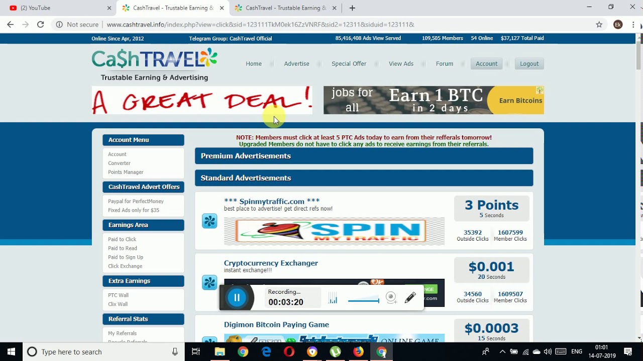 Earn money through Cash Travel the most genuine PTC site without investment