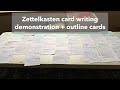 Zettelkasten card writing demonstration and outline cards