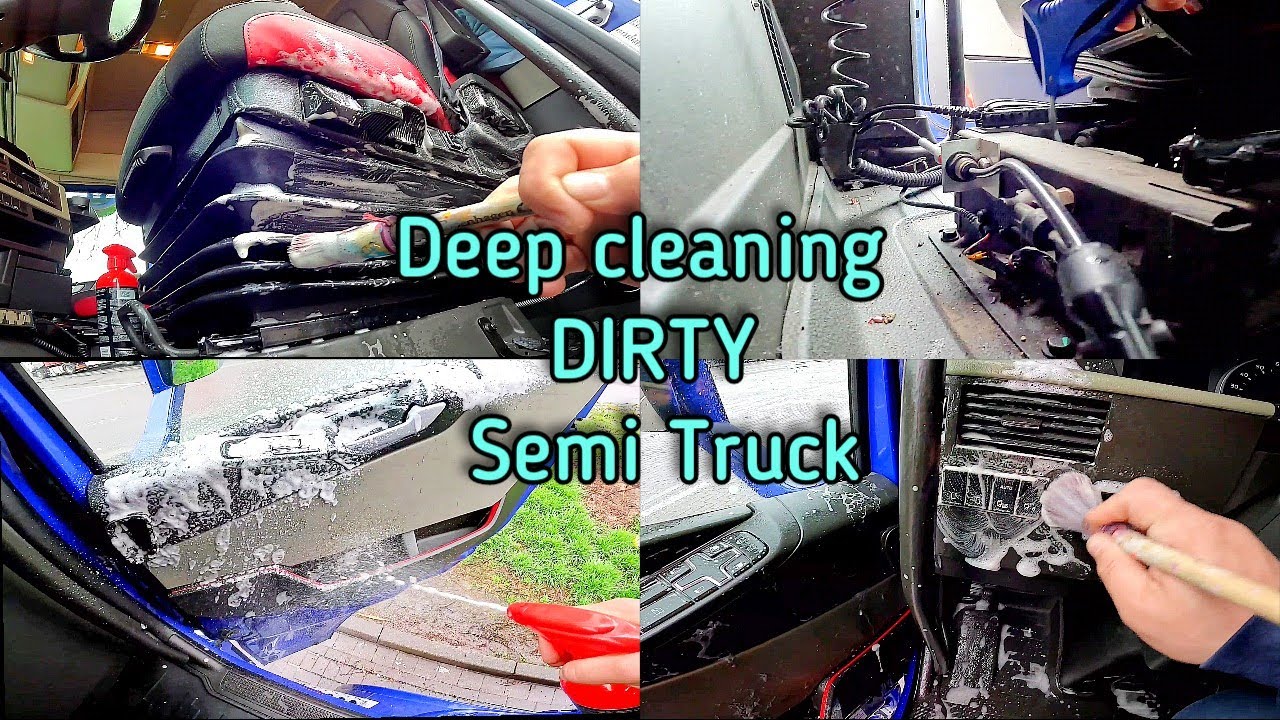 Deep cleaning dirty semi truck 