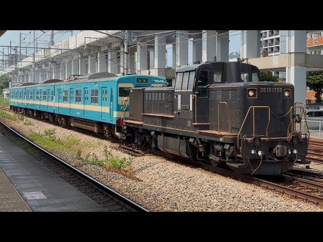 ロング警笛2発あり！【103系カラE12編成竹下出場試運転】【試7893レ