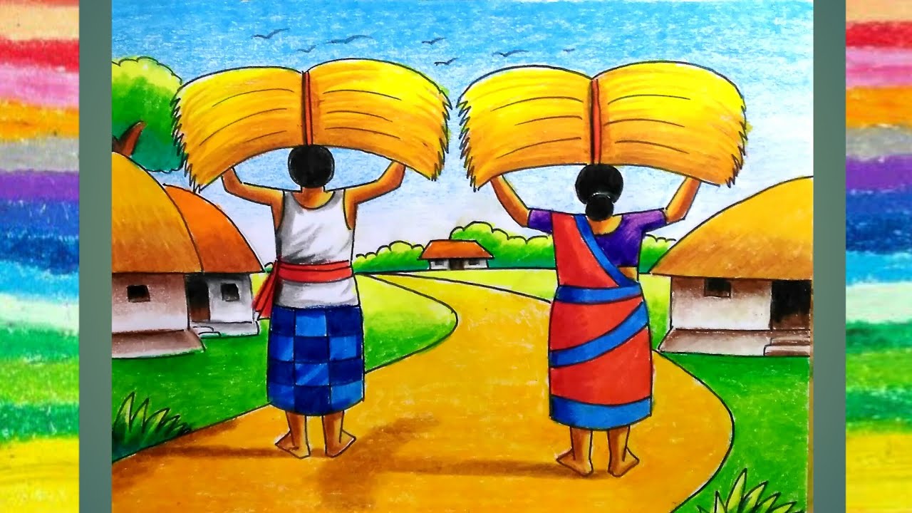 How to draw a village scenery step by step / Village scene drawing for ...