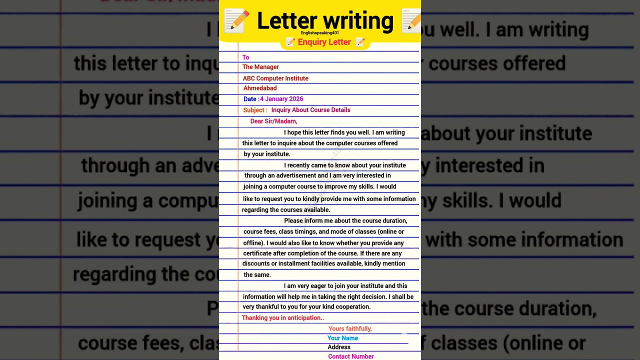 letter writing enquiry letter about course detail 