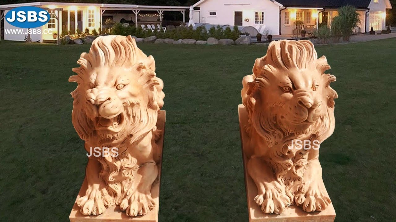 Stone Carved Outdoor Decorative Garden Red Marble Lion Sculpture Statue Design for sale