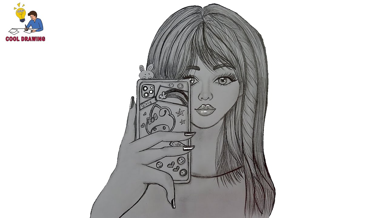 Easy Girl Drawing | Girl Drawing | Girl Drawing With Mobile | Cool ...