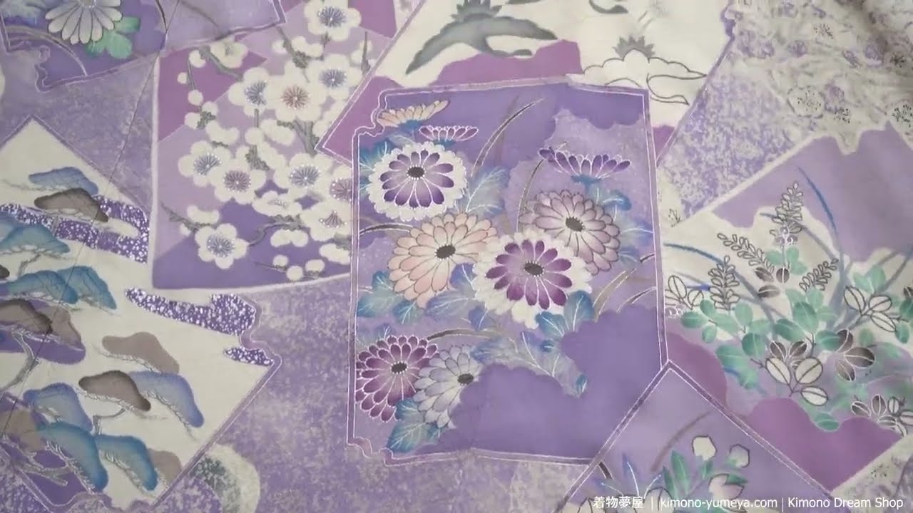 Light Purple Floral Furisode Kimono - Women's Clothing - Peonies Chrysanthemums Plum Blossoms Cranes
