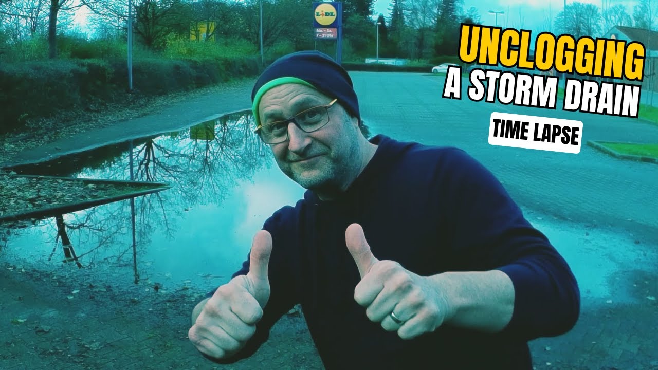 #008 1 Time lapse Unclogging a storm drain after rain on a car park ...